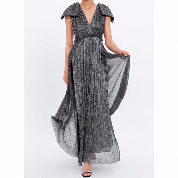 Limited Edition Zara silver long gown with bow shoulders - Picture 2 of 9